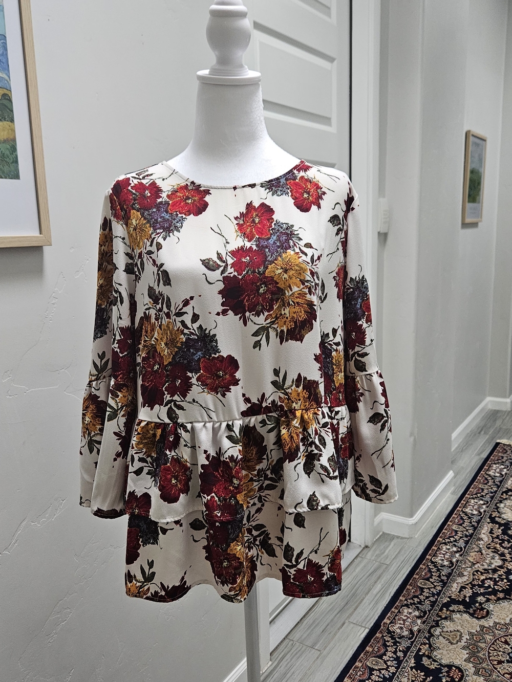 Time and Tru Cream Floral Tiered Peplum Blouse with Red & Mustard Flowers